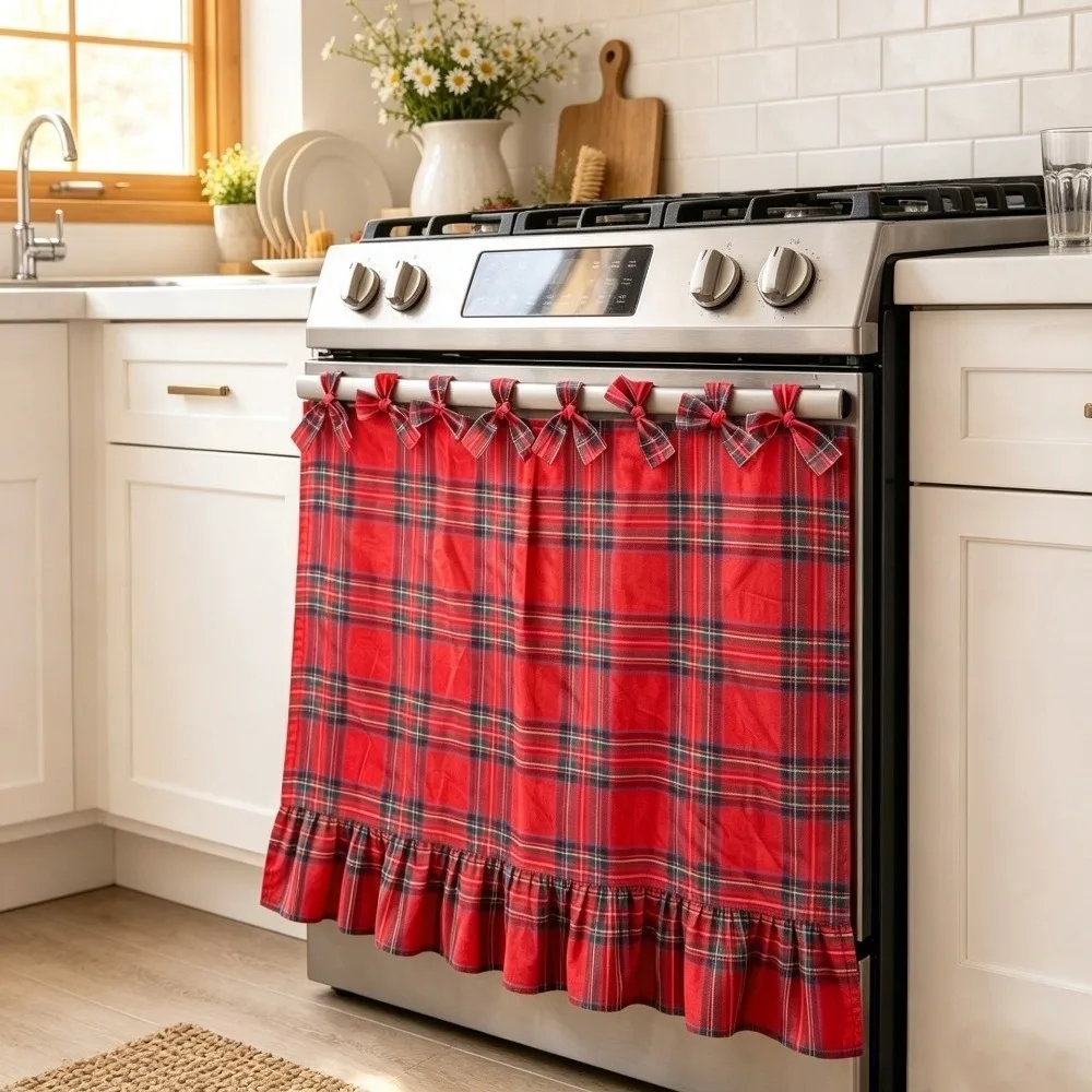 Double Sided Christmas Oven Curtain Gingham Pattern Washable Fabric Plaid Stove Skirt Tartan Style Dustproof Shield