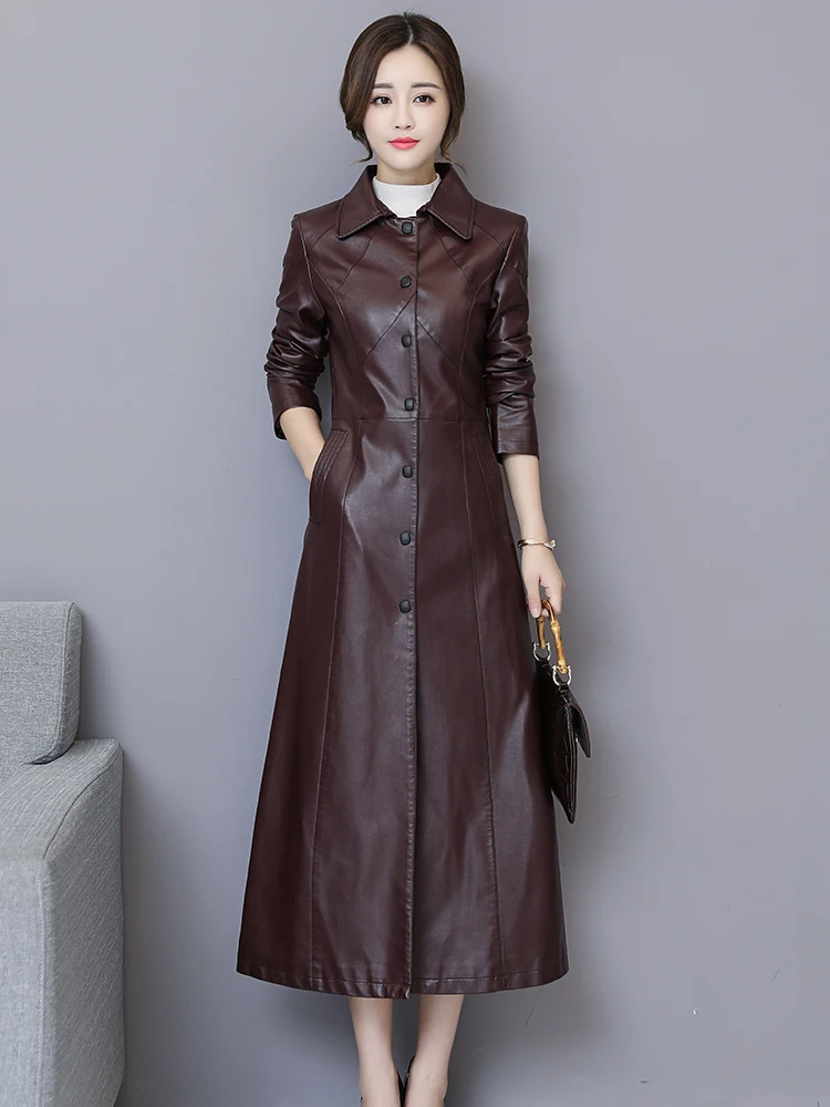 2025 Spring New Sle Women's Long Over-Knee eepskin Leather Jaet Slim Fit Korean Version Coat Trendy Commute Windbreaker