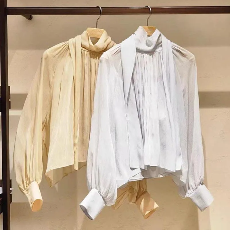 

Ele Korean Sle Women's Chiffon irt Stand Collar Draped Gauze Silk Long Sve Thin Spring Faionable 2 Colors