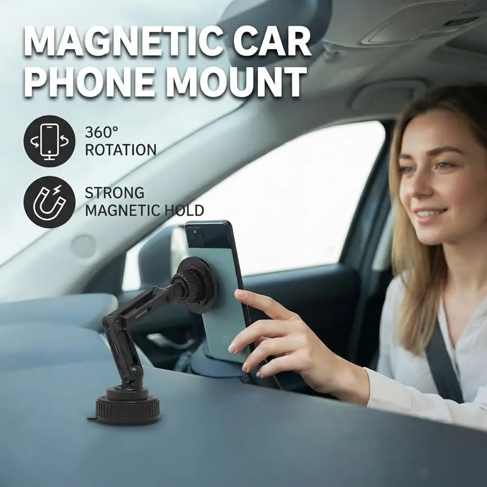 Vacuum Suction Magnetic Car Phone Mount Strong 360° Rotatable Metal Arm Hands‑Free Cell Phone Holder for Dashboard Windshield