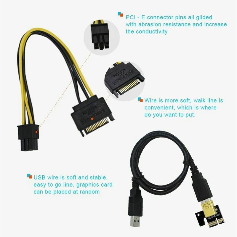 Tarjeta elevadora PCIE VER009C PLUS PCI-E Riser 1X a 16X tarjeta adaptadora PCI Express con Cable de alimentación USB3.0 SATA de 15 pines