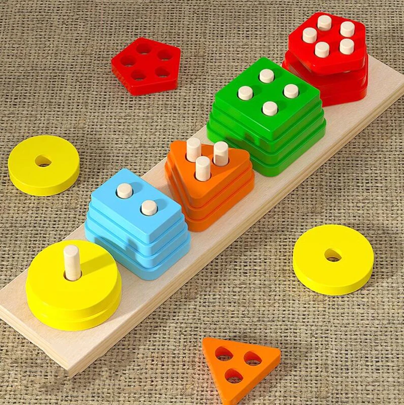 Montessori Wooden Toys for Children 1 2Y Baby Shape Color Sorter Block Puzzles Toddler Large Geometric Stacking Educational Toys