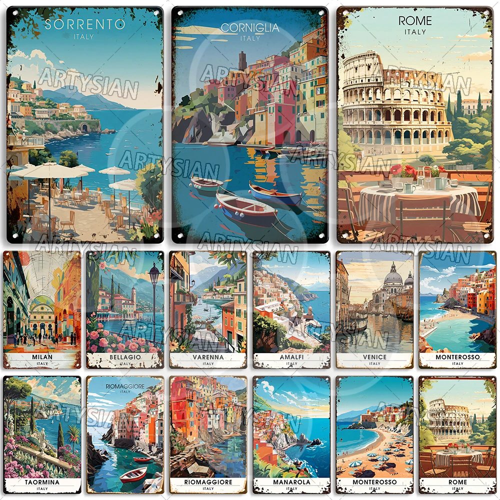 Italy Travel Cityscape Metal Sign Sorrento Amalfi Naples Venice Milan Genoa Corniglia Monterosso Riomaggiore Manarola Rome