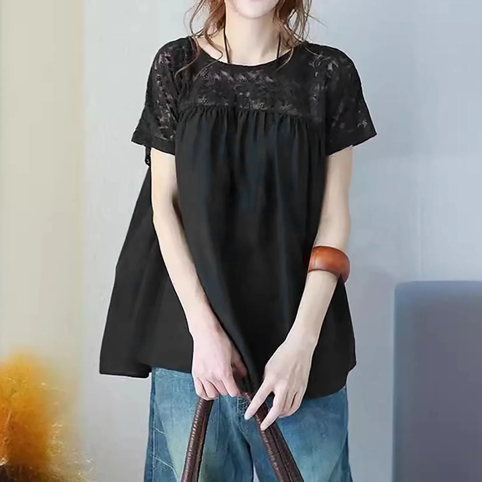 Summer Women's Blouse Lace Stitching Loose Fit Tops And Blouses Short Sleeve Solid Color Casual Pullover Top Blusa Feminina