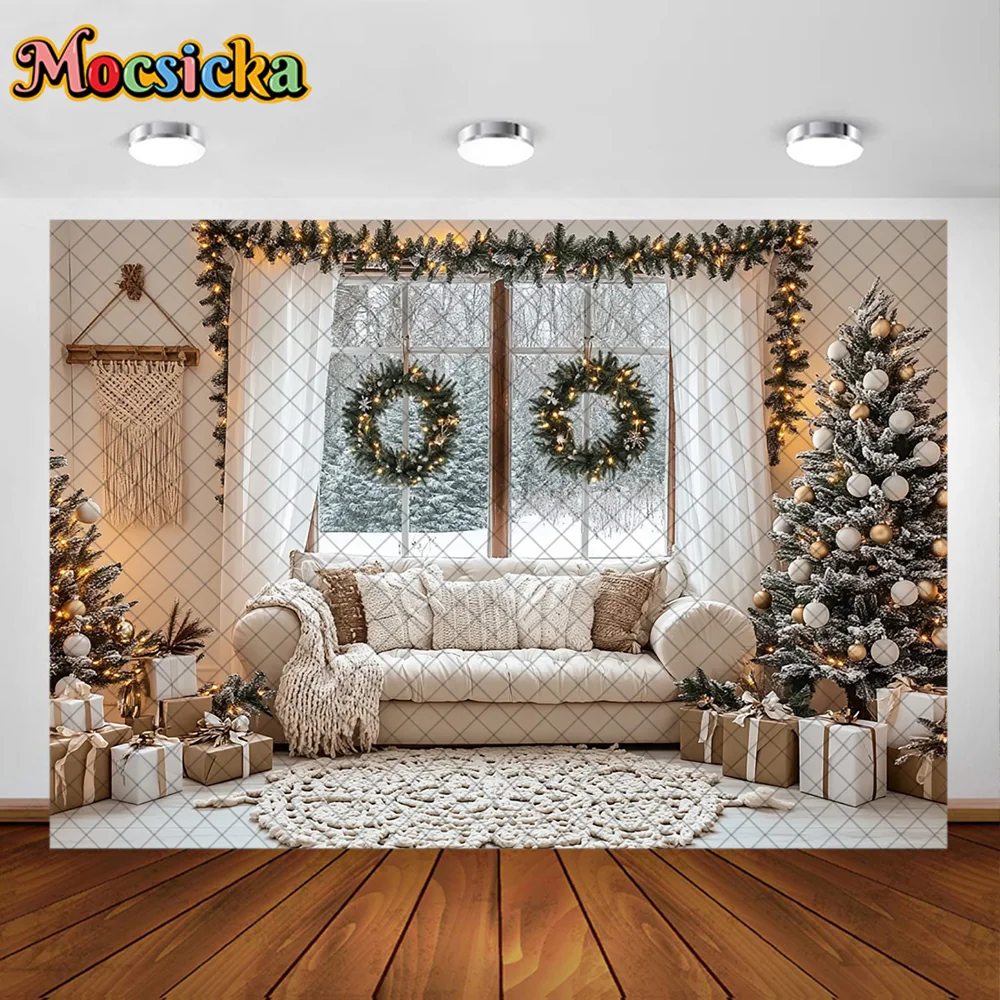 Mocsicka Winter Photography Background Christmas Tree White Sofa Decoration Family Xmas Holiday Party Portrait Photo Studio Prop