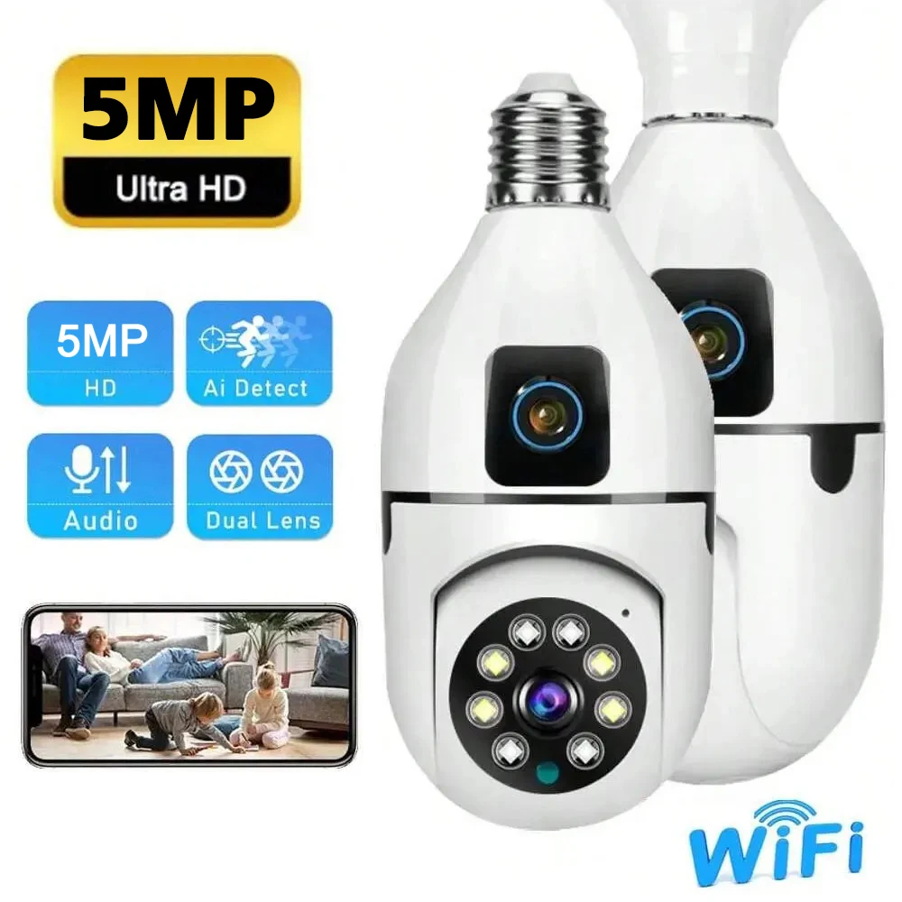 camera de audio bidirecional sem fio com visao noturna infravermelha vigilancia interior rastreamento humano lente dupla wi fi 5mp lampada e27 01