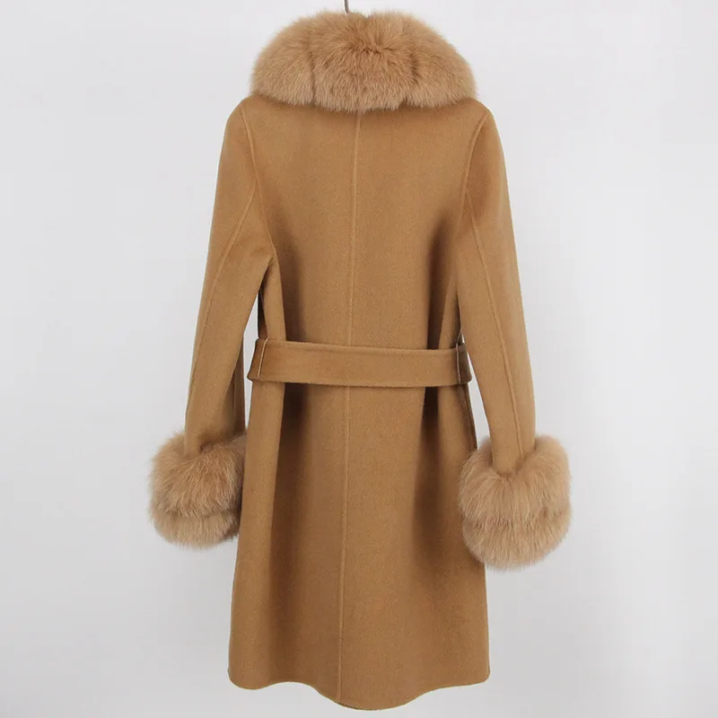 High end double-sided cashmere coat for women's mid length 2023 autumn/winter new fox fur collar slim fitting wool woolen coat