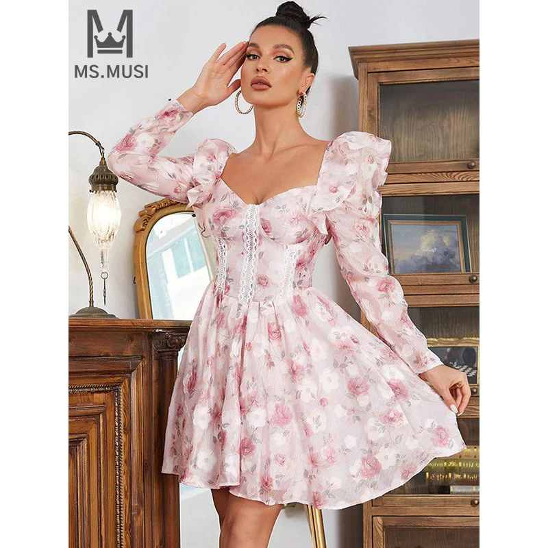 

MSMUSI 2024 New Fashion Women Sexy Floral Printing Lace Draped Puff Long Sleeve Bodycon Party Club Event Mini Dress Vestidos