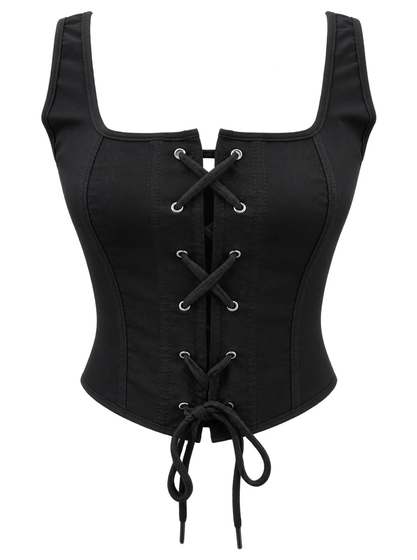 Women Square Neck Corset Bustier Top Front Lace Up Back Zipper Wide Fixed Strap Black Cropped Outerwear