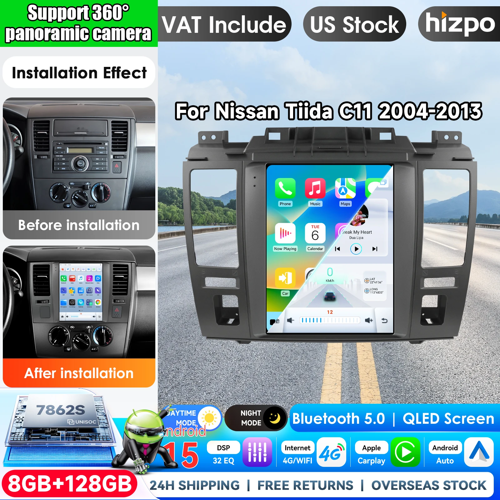 Hizpo 9.7 inch for Tesla Style Android 15 Car Radio For Nissan Tiida Versa 2004 - 2015 GPS Navigation Android Auto Carplay Wifi 4G Display Screen No 2din Touch Display Airplay Car Radio Player Stereo GPS Navigation Audio Head Unit Car Intelligent Systems