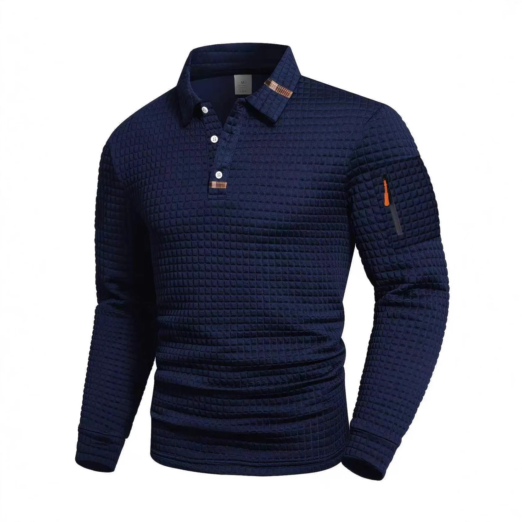 Spring and Autumn Men's New Style Fashionable Polo Shirt, Casual Checkered Arm Pocket Design, Collar Patchwork Long-Sleeved Top