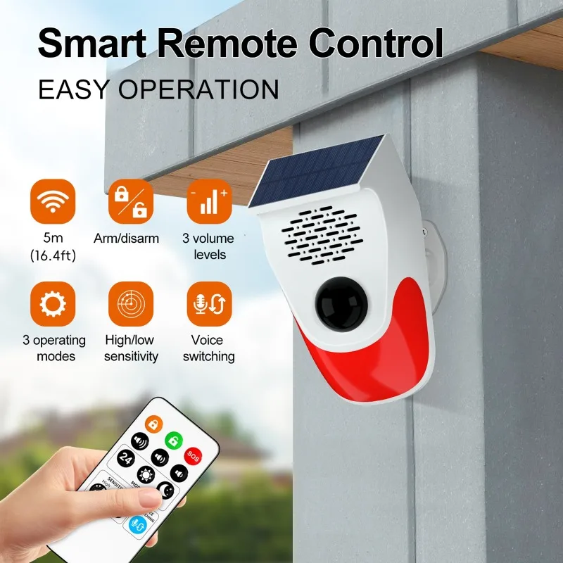 

Outdoor Solar Infrared Sound and Light Alarm with Remote Control 120DB Siren Sound Alert Flash Strobe Security Alarm System