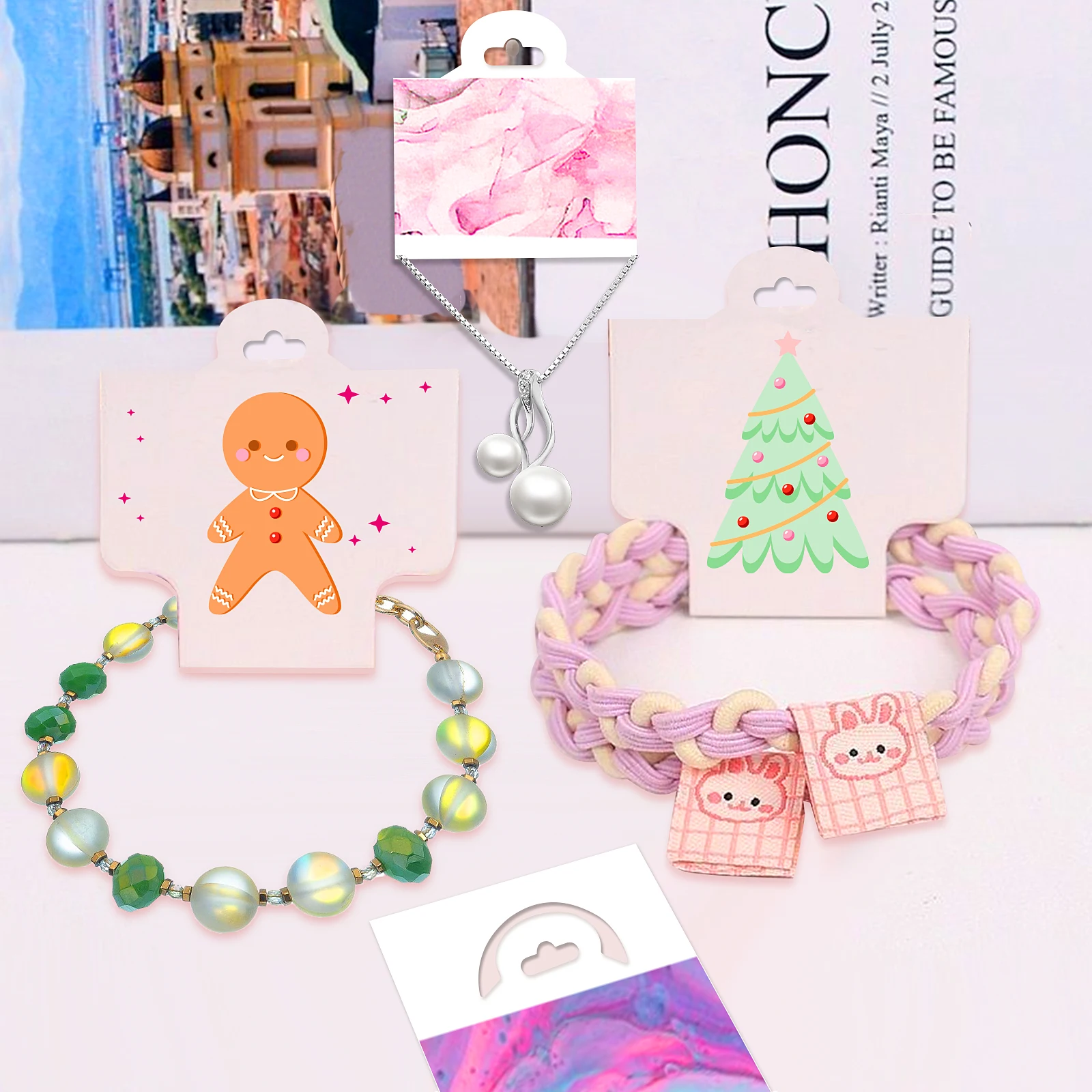 Kartu Display Lipat untuk Gelang, Kalung, Headband, Alat Pembuat Lubang Kertas, Pemotong Kertas, Kartu Perhiasan