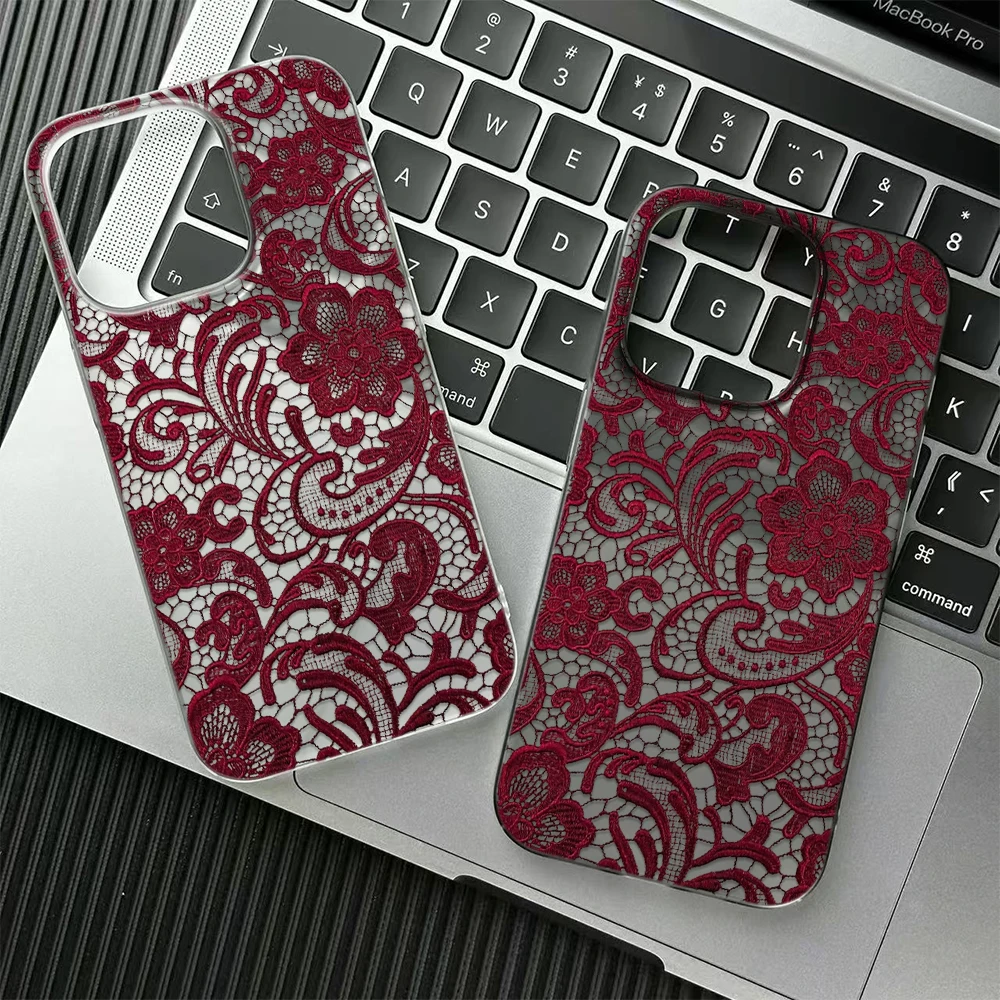 

Burgundy Lace Matte Transparent Clear Frosted Shockproof phone Case For iPhone 17 16E 15 14 Plus 13 12 11 Air Plus Pro X XR Max
