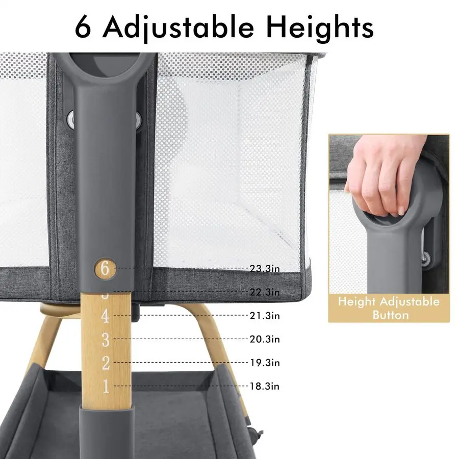 في 1 سرير أطفال، سرير بجانب السرير للطفل، سرير هزاز مع مرتبة وعجلات مريحة، 6 ارتفاع قابل للتعديل وسهل الطي