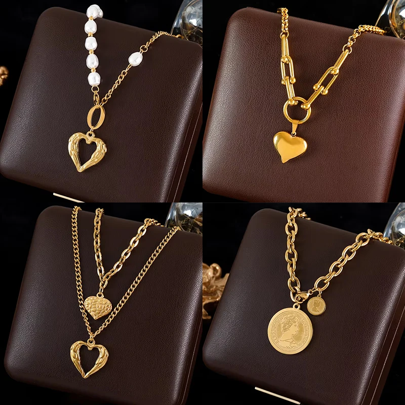 GANEMLY 316L Stainless Steel Heart Love Pendant Necklace For Women Fashion 18K Gold Plated Neck Chain Waterproof Jewelry Gift