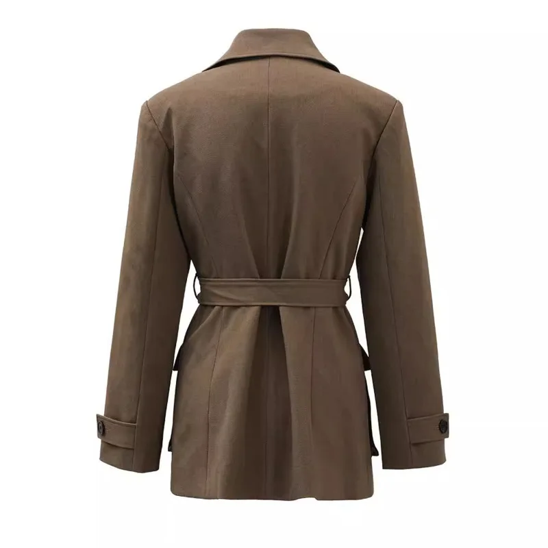 KWTX 2025 ฤดูใบไม้ผลิฤดูร้อนสีน้ําตาล Blazer ผู้หญิง VINTAGE Slim SINGLE Breasted Belted JACKET กระเป๋า Elegant Office ชุดลําลอง