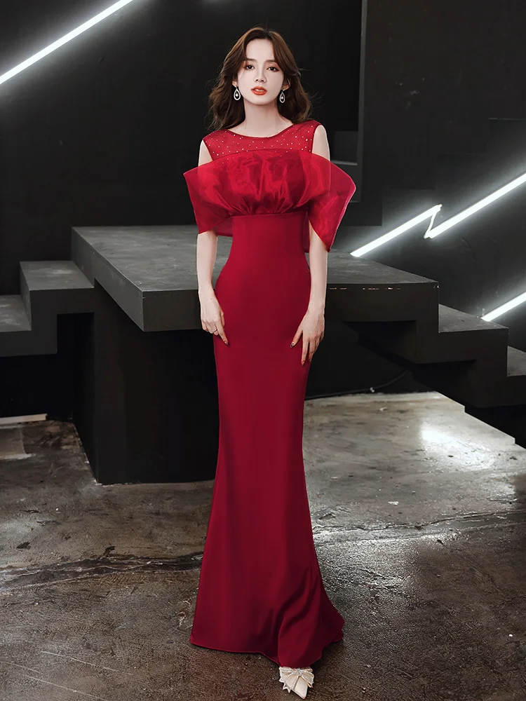 

Элегантное красное вечернее платье для женщин: легкое, с силуэтом «рыбий хвост», для важных мероприятий, ежегодных встреч, роскошное платье для ведущих.