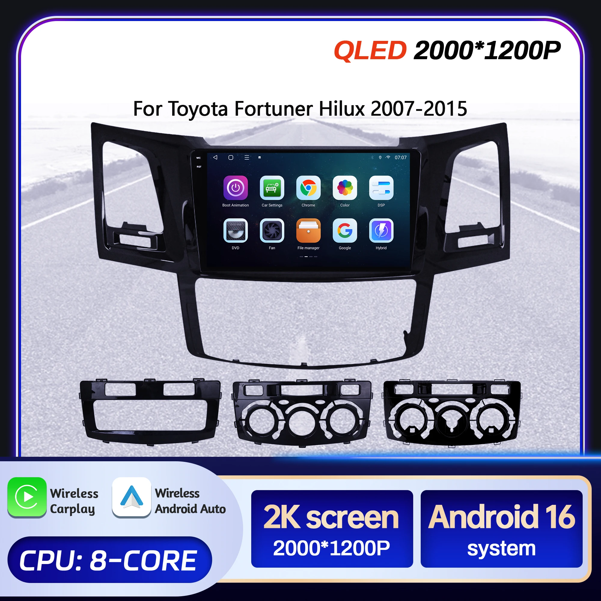 

9-дюймовый автомобильный радиоприемник Android 16 для Toyota Fortuner Hilux MT 2007-2015, мультимедийная навигация, BT Carplay, головное устройство, 2K QLED экран
