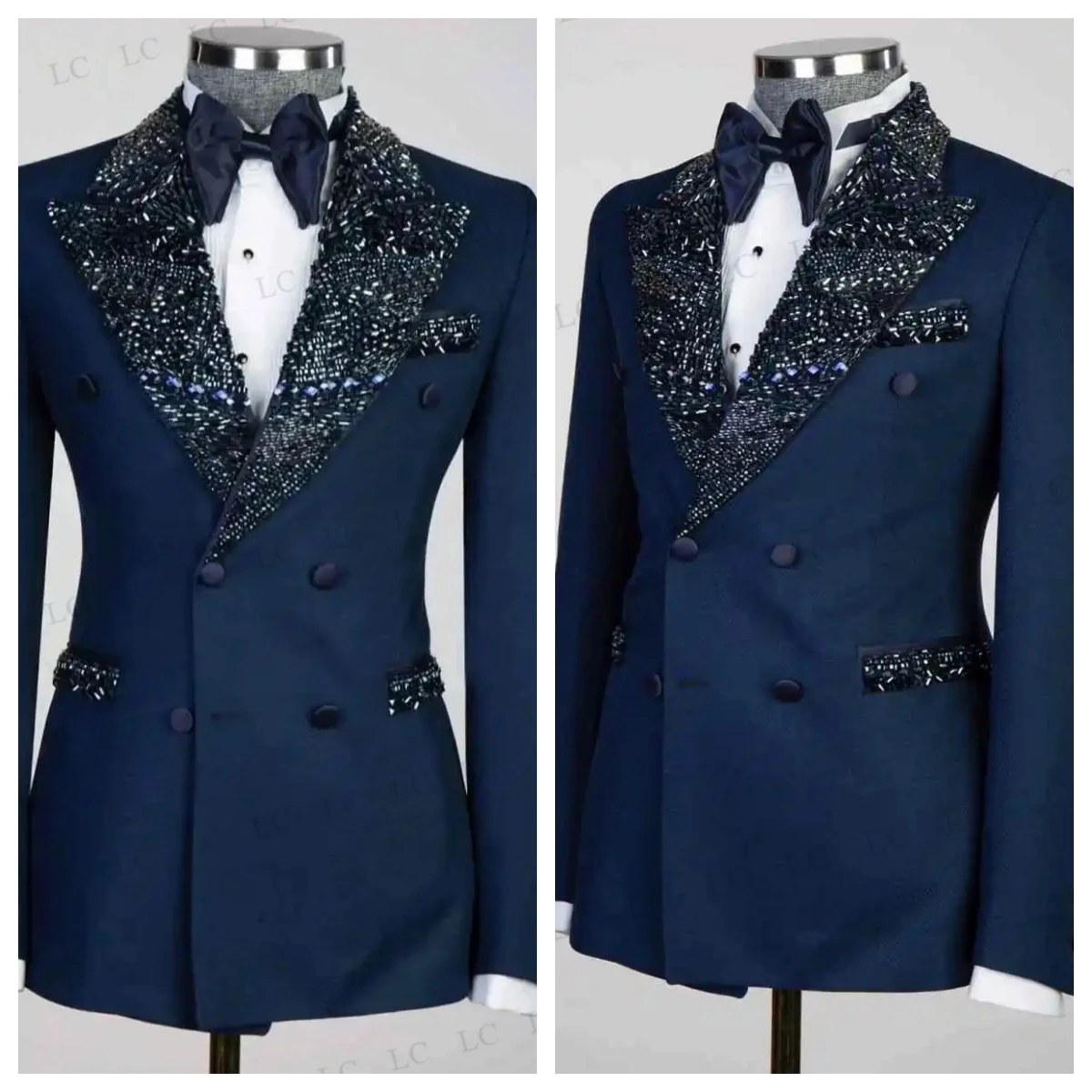 

Beads Diamonds Peaked Lapel Buttons Formal 2 Pieces Blazer Pants Men Suits Tuxedo Slim Wedding Groom Prom Plus Size Customed