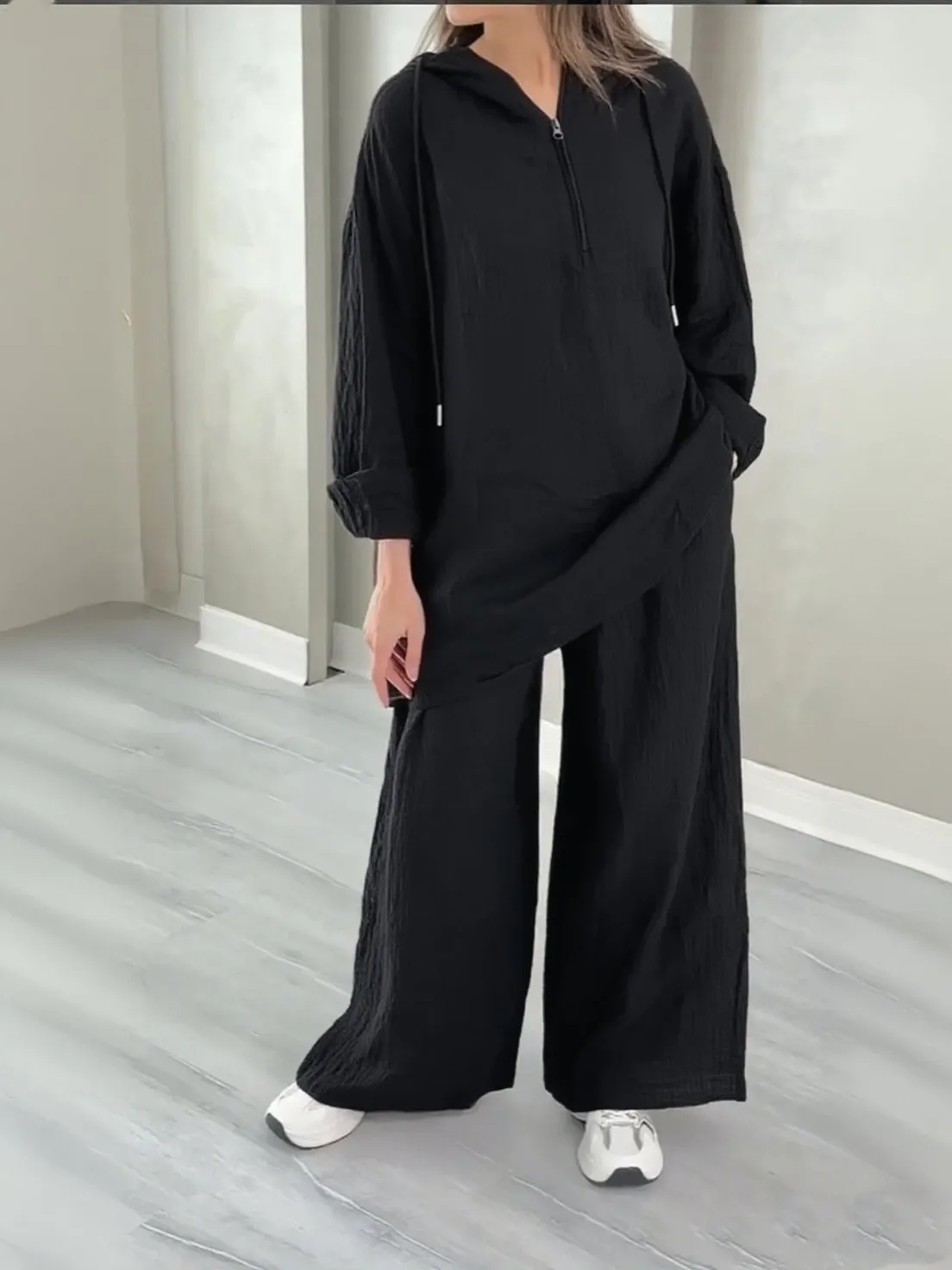 캐주얼 후드 바지 정장 가을 솔리드 컬러 패셔너블 루즈핏 심플 후드 긴팔 상의 와이드 레그 팬츠 투피스 세트