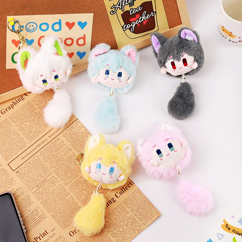 Mini Fluffy Fox Girl Plush Pendant Cartoon Cat Ears Doll Keyring With Plush Tail Bag Hanging Ornament Multiple Colors Gift