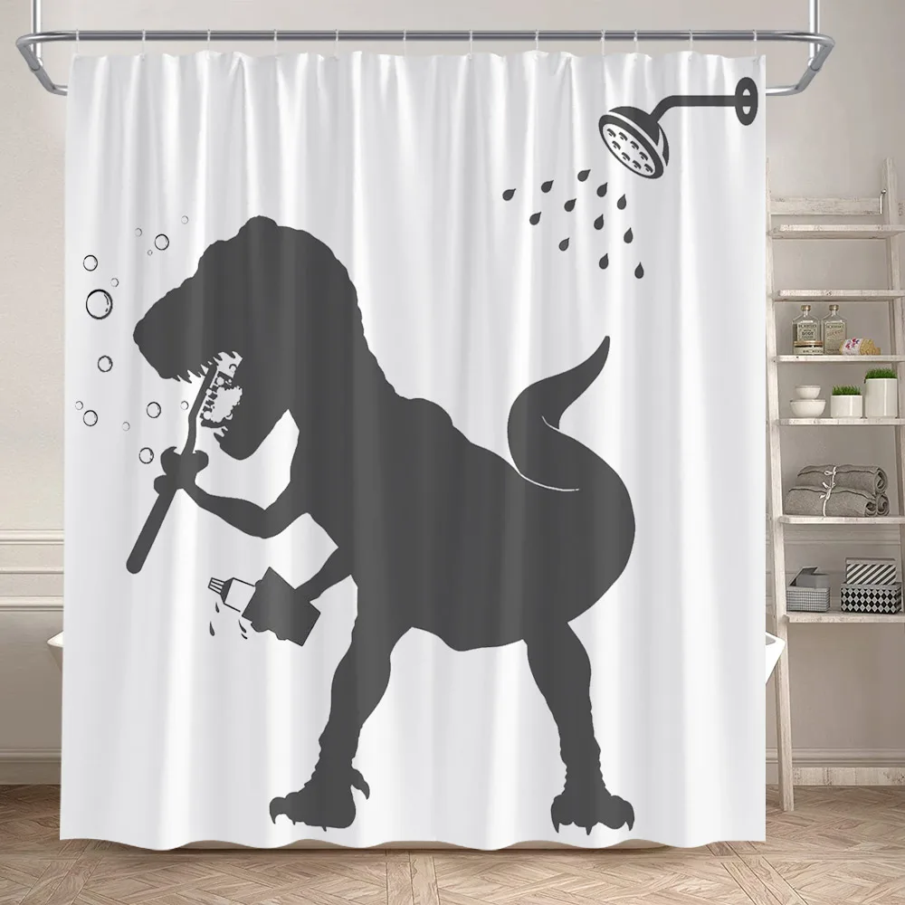 Funny Bathing Dinosaur Shower Curtains Black Cat Animal Silhouette Kids Bath Curtain Modern Polyester Bathroom Decor with Hooks