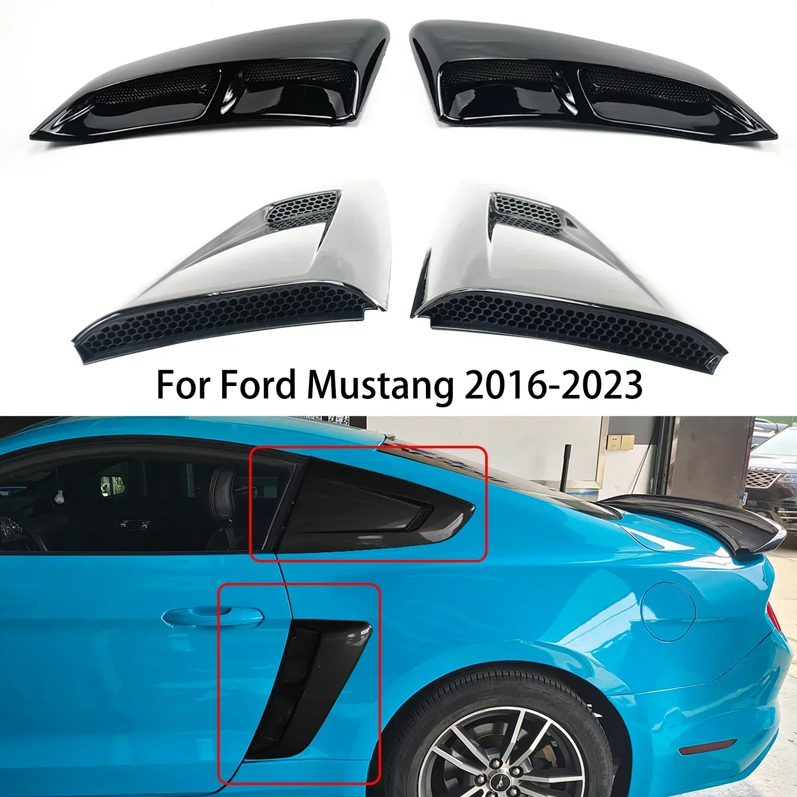 Car Side Scoop Vent Louver Winodw Shutter For Ford Mustang 2015-2022 Fender Cover Trim Accessory Carbon Fiber Look Glossy Black