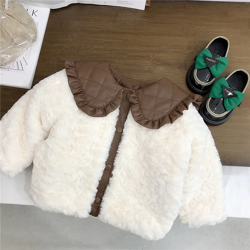 Jackets Girl Winter Plush Loose Coat Keep Warm Baby Thickening Children Clothing Tops 2024 Simple Fashion Open Stitch