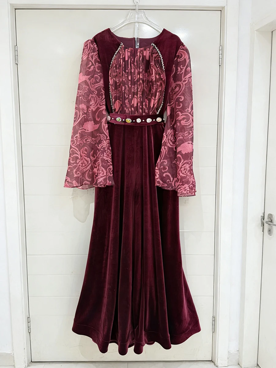 VGH ريترو فاخر المرقعة حزام معدني فستان مخملي للنساء س الرقبة طويلة الأكمام تقسم طباعة بقماش شفاف فساتين متوسطة الطول الإناث #4