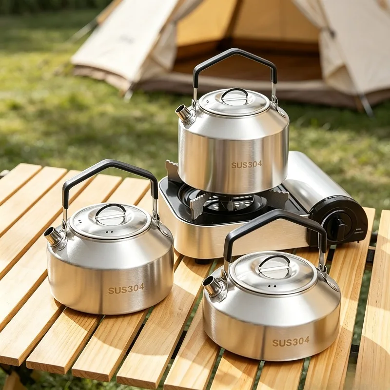 Outdoor 304 Stainless Steel Kettle Portable Camping Picnic Tea Pot Foldable Handle Hiking Water Boiling Supply