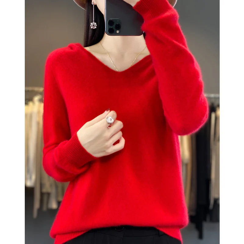 2024 100% Merino Pure Wool V-neck Hoodie Autumn/Winter Hoodie New Cashmere Sweater Women\'s Casual Knitted Top DMR207