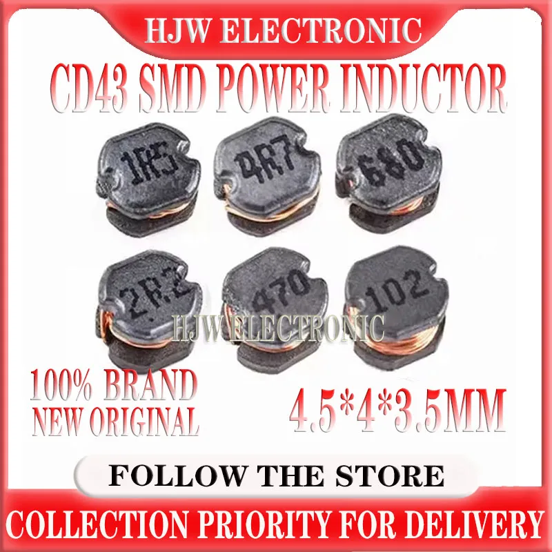 20pcs Cd43 Smd Power Inductor 1 1.5 2.2 3.3 4.7 6.8 10 15 22 33 47 68 Uh 1r0 1r5 2r2 3r3 4r7 6r8 100 150 220 330 470 680 102 Mh