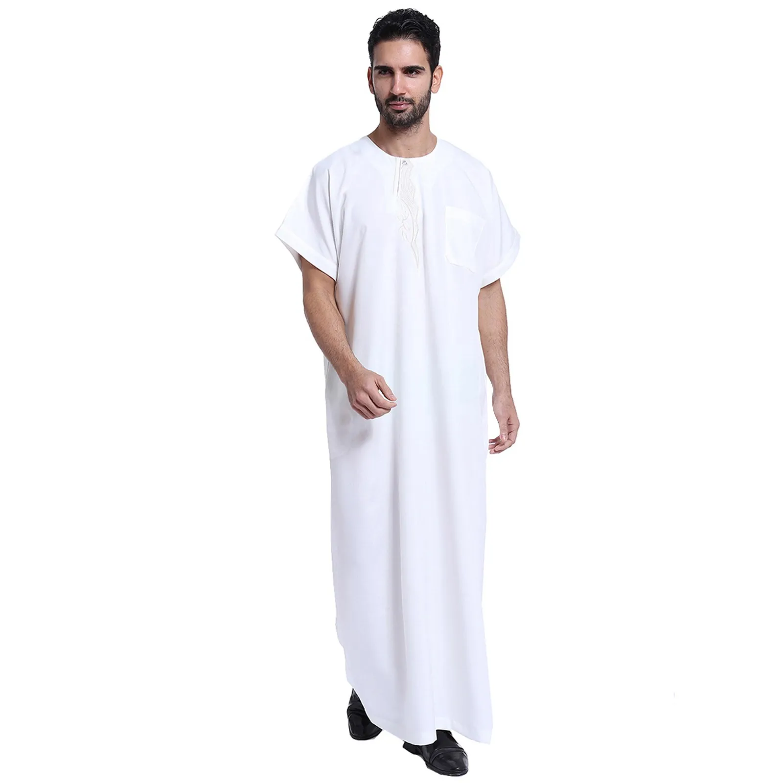 Men's Casual Muslim Arab Middle Solid Color Round Neck Short Sleeve Robe Buckle Dress Shirts for Men Traditional men's robe