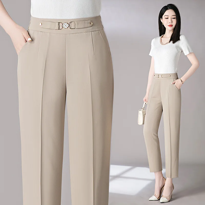 

L-6XL Pantalones High Waist Nine-Point Straight Pants Women's Loose Casual Pant Fashion Elegant Middle Aged Mother Trousers