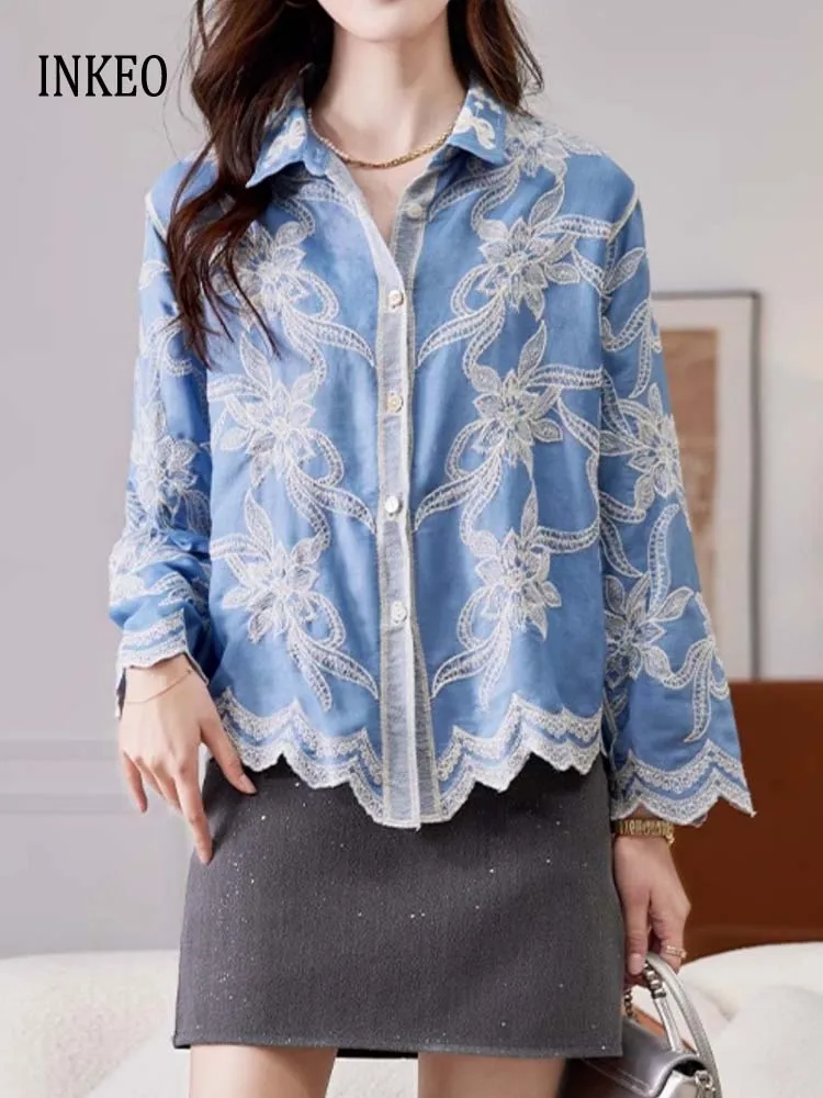 

Elegant Denim Floral embroidery blouse 2025 Spring Summer Chic Long sleeve Turn down collar shirt Loose tops Ladies INKEO 5T043