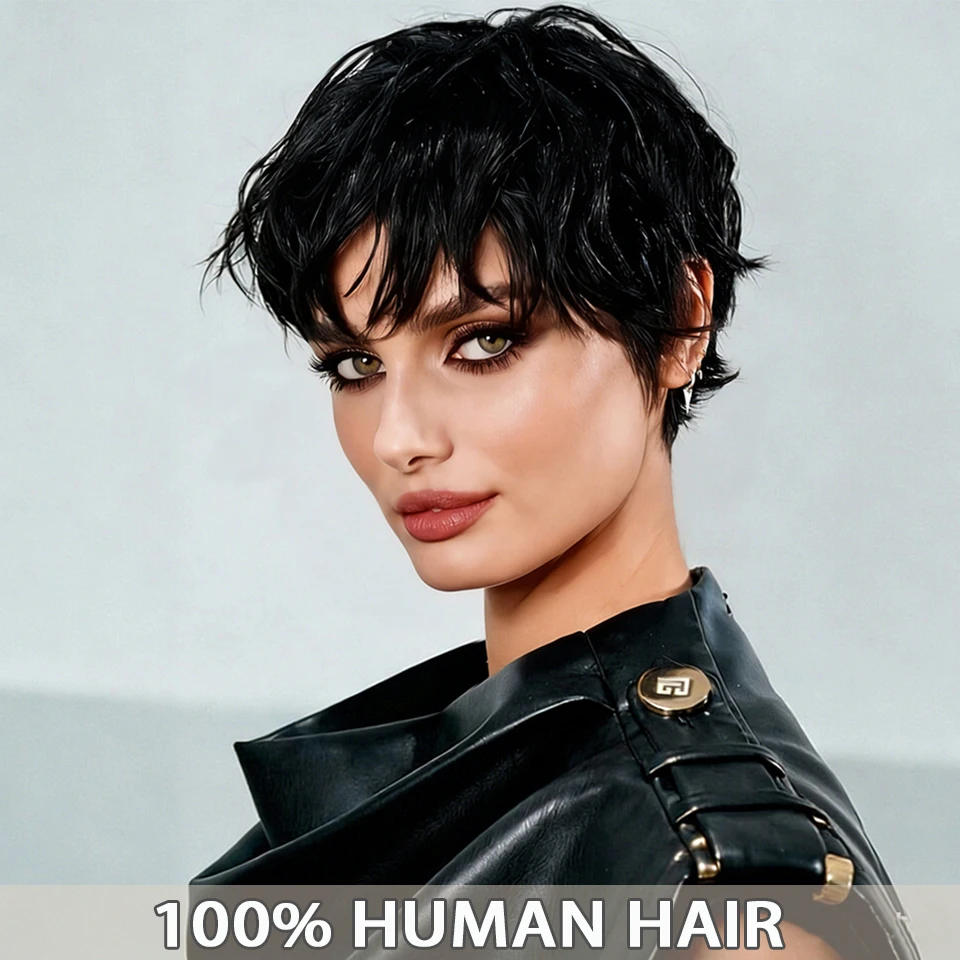 

Женский классический короткий черный парик пикси-каре из натуральных волос с челкой, легкий, прямой, полностью машинной работы, из бразильских натуральных волос