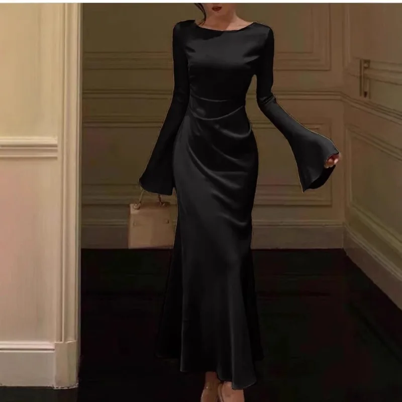 Folds Ruffle Gala Graduation Dress Gown Summer Elegant Women Corset Party Evening Dress Sexy Fashion Y2K Long Sleeve O Neck