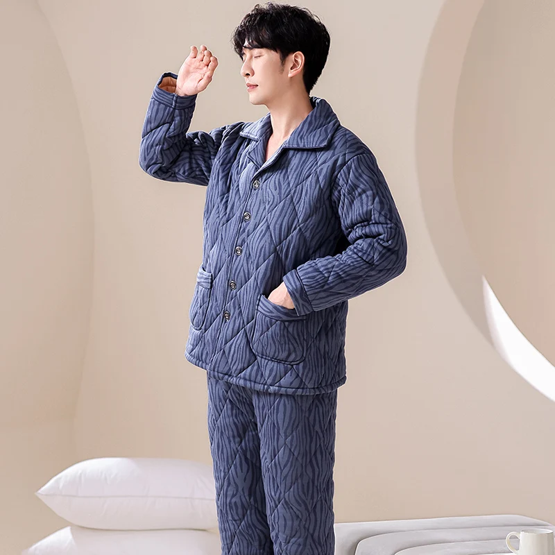 Winter thickened three-layer cotton quilted men's pajamas cardigan lapel collar fashionable men's home wear cotton-padded