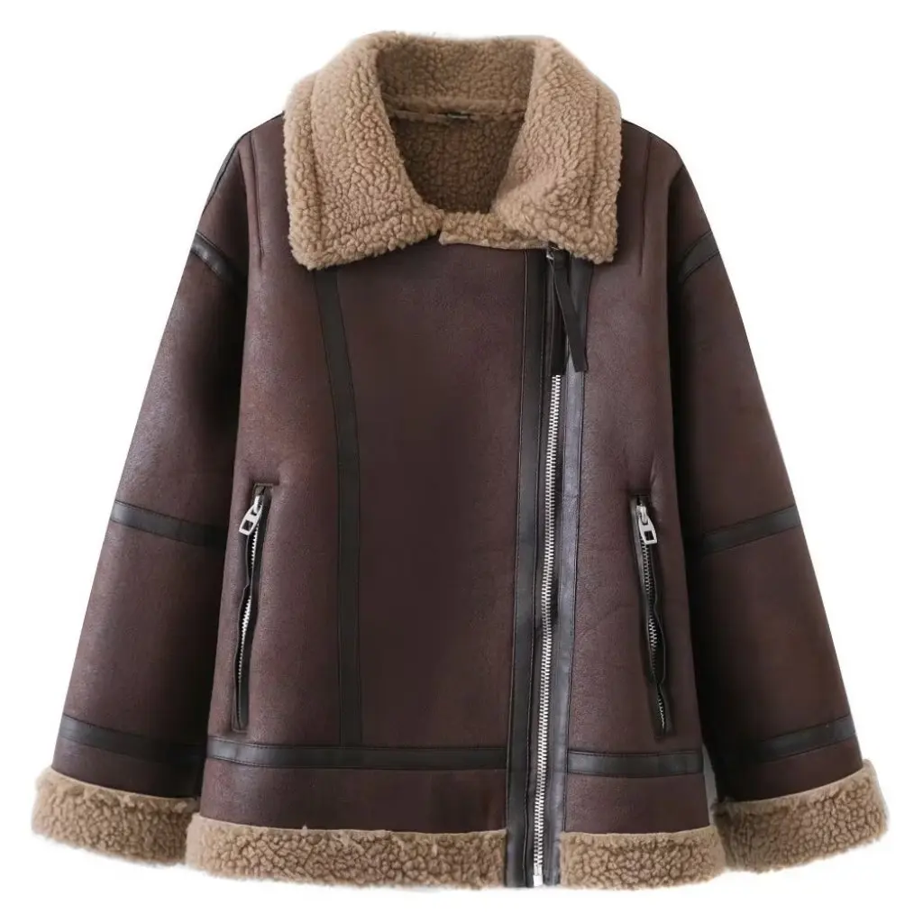Jaqueta feminina casual de pele sintética de couro de cordeiro, roupas de motocicleta, design integrado