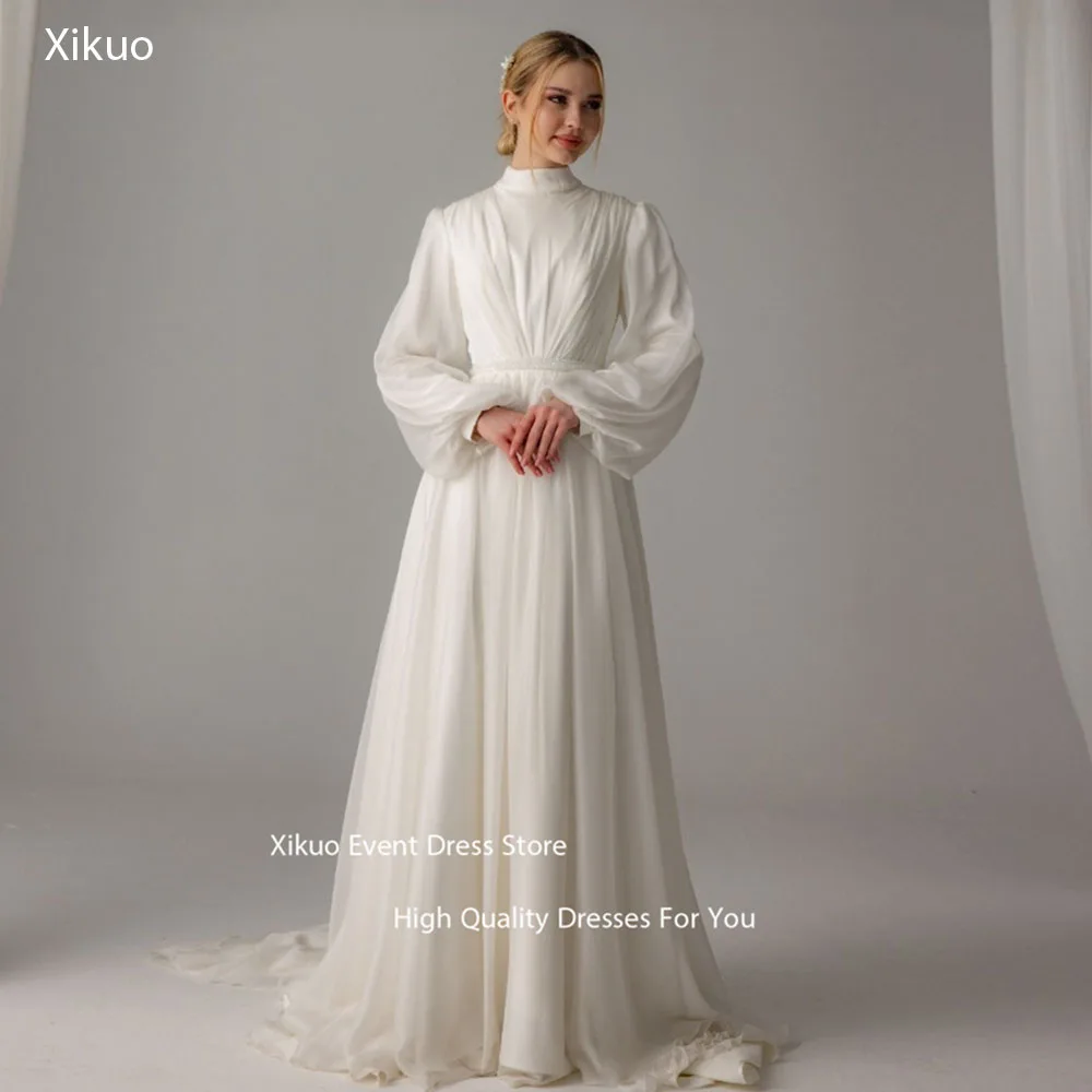 Xikuo moderne une ligne col haut robe De mariée froncé longueur De plancher plissée robe De mariée manches ballon robes De Novia personnalisé