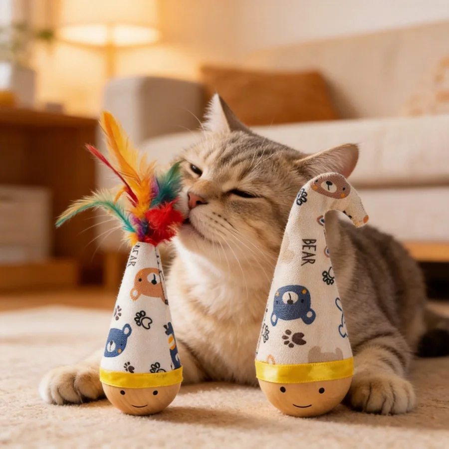 Wobble Cat Toy with Vibrant Artificial Feathers - Moving & Wobbling Action Interactive Self-Play for Cats, for Hunting Exercise