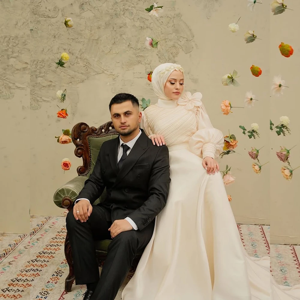 

Wedding Dresses for Hijab Bride High Collar Long Sleeve A Line 3D Flower Pleats Arabic Muslim Garden Bridal Gown Customized