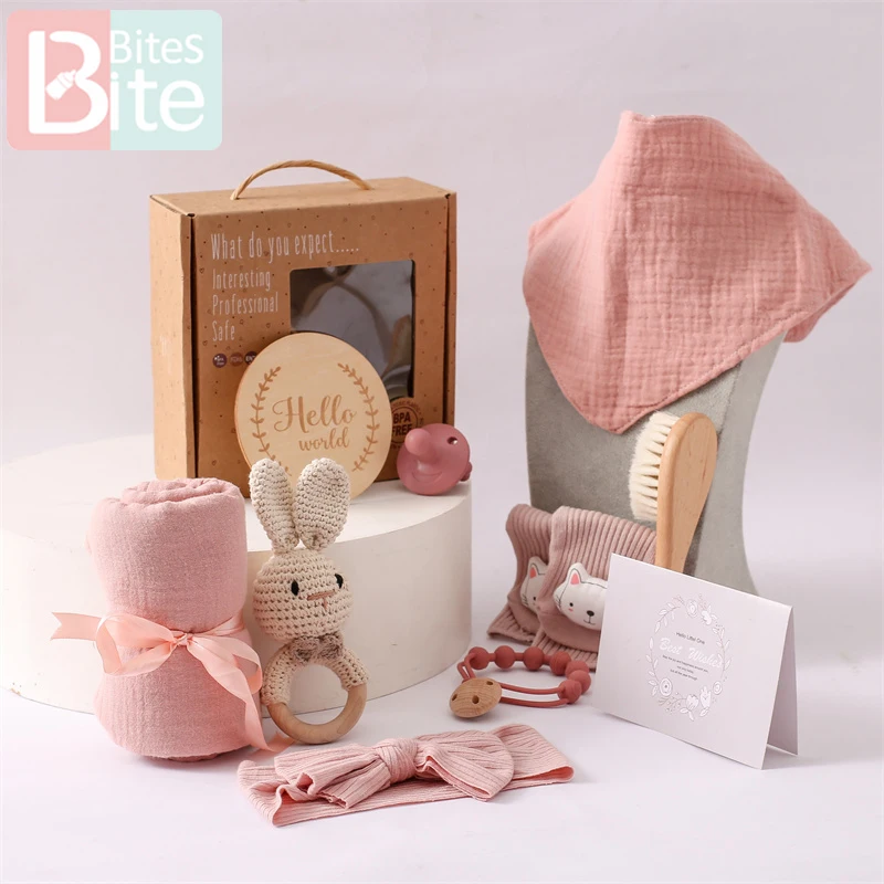 11 Pcs Baby Bath Towels Set Infant Headband Muslin Cloth Hand Face Wipes Saliva Bib Handkerchief Washcloth Rattle Toy Set Gifts