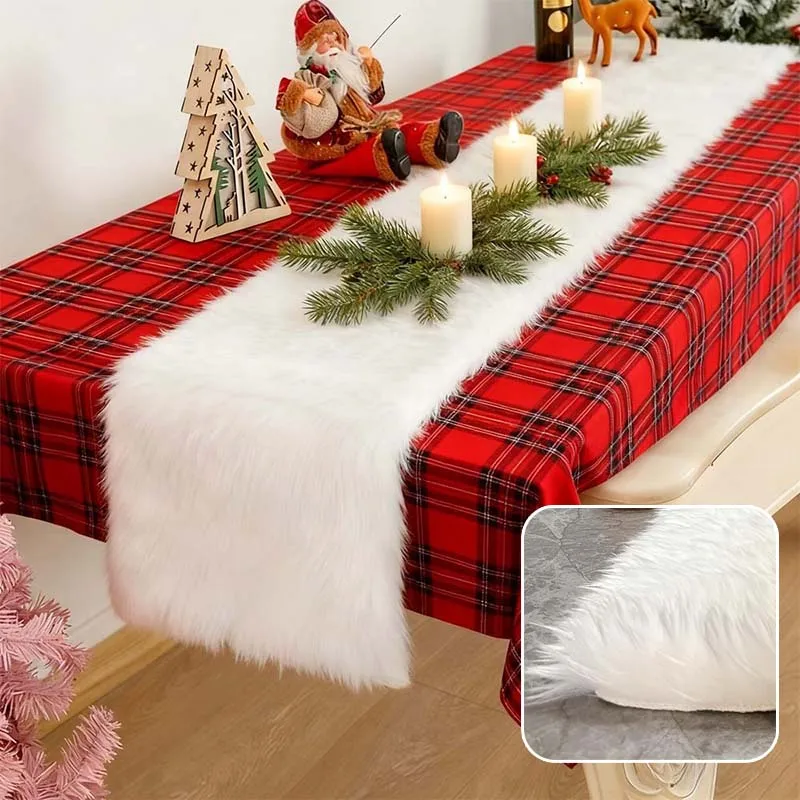 

1PC White Plush Christmas Table Runner Thickened Soft Long Hair Tablecloth Holiday Party Dining Table Home Decor Chemin De Table