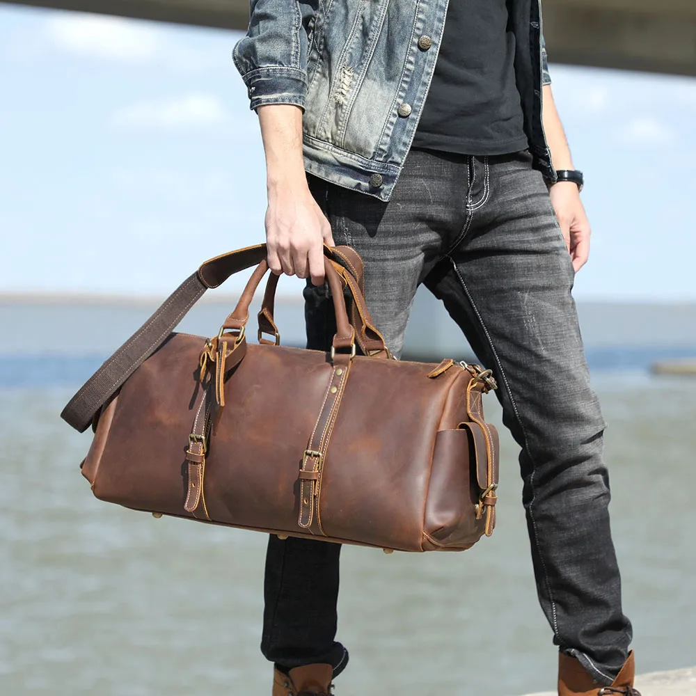 S.WORKER Handgefertigte Reisetasche aus Vollnarbenleder, Echtleder, große Kapazität, Business-Gepäck, Wochenend-Reisetasche – Detail 6