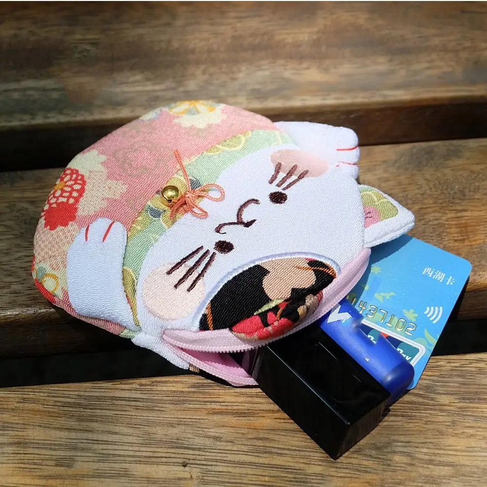 Casual estilo japonês maneki neko moeda bolsa flor impressão zíper gato sorte saco de embreagem saco de armazenamento carteiras titular do cartão feminino