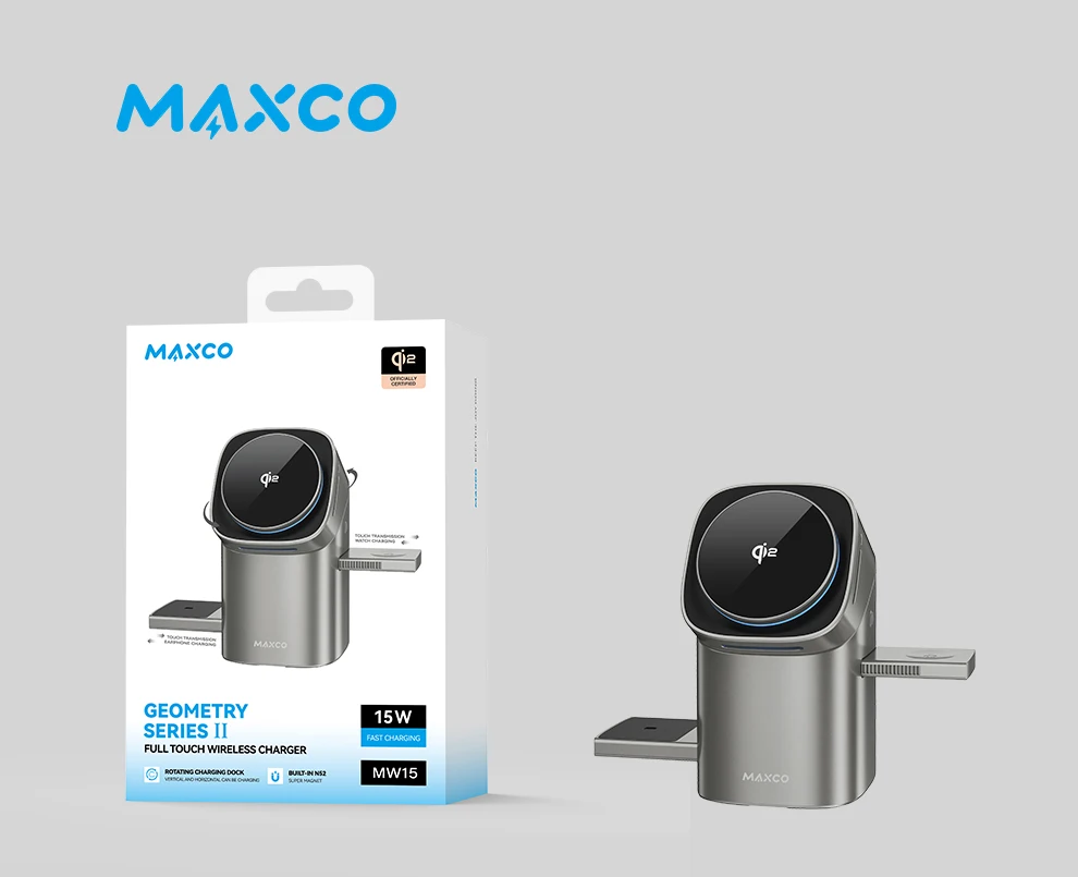 

MAXCO Qi2 3-in-1 Wireless charger with Auto-Rotating Phone Dock compatible with MagSafe for iPhone Apple Watch Ultra 2 Airpods