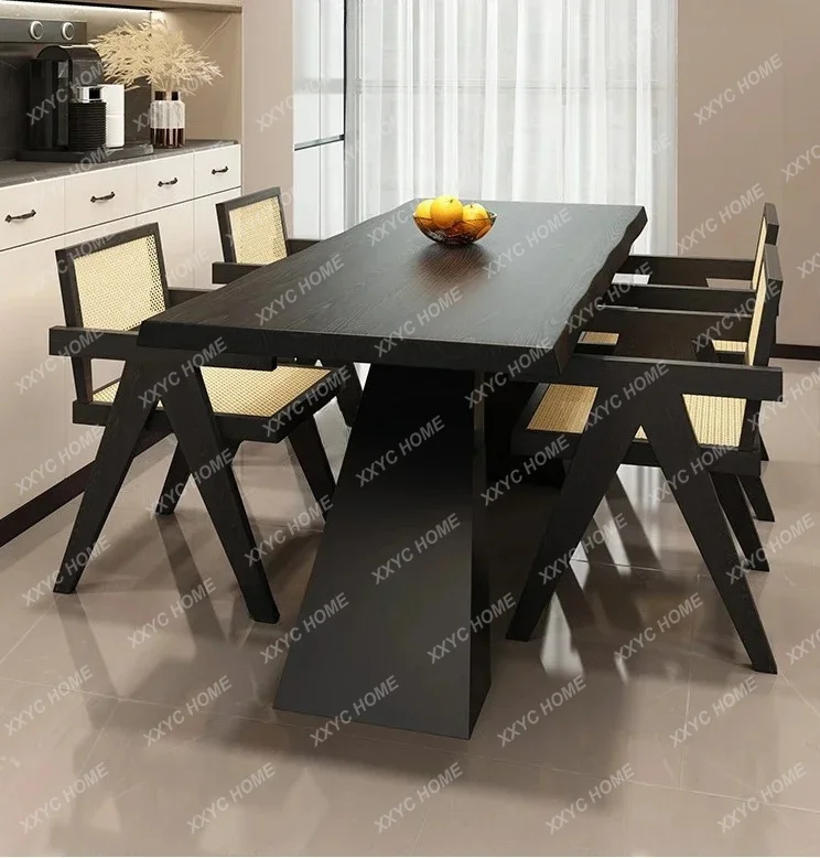 

LRetro Solid Wood Dining Table Rectangular Thickened 1.6 M Black Log Large Plate Natural Edge