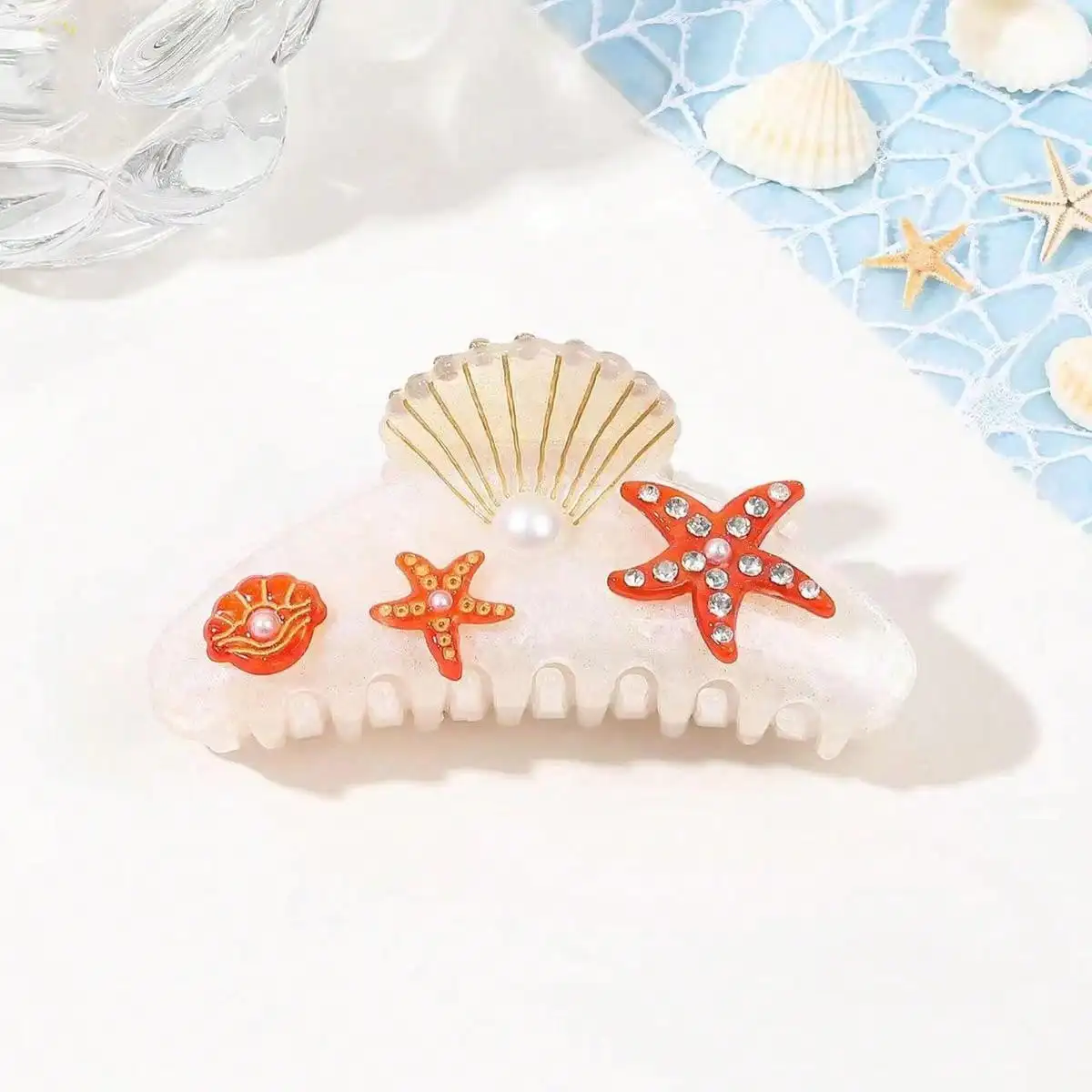 1pc ocean style hair clip with rhinestones and imitation pearls - Bohemian sweet oval hair clip,